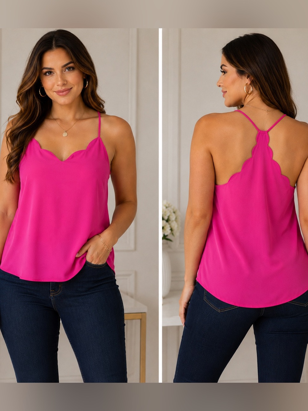 J.Crew Hot Pink Scalloped Cami Tank Top Sleeveless Blouse Career Office Layering